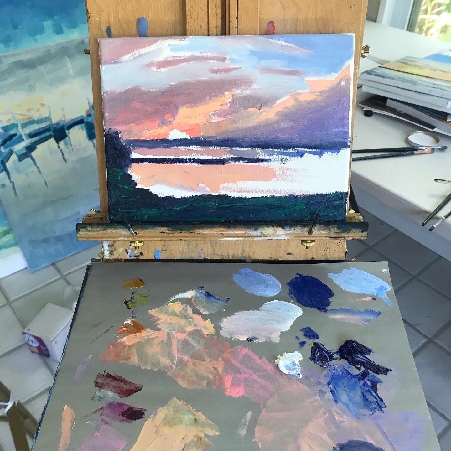 Pink Sunset with Palette Knife 12x9 (2020)