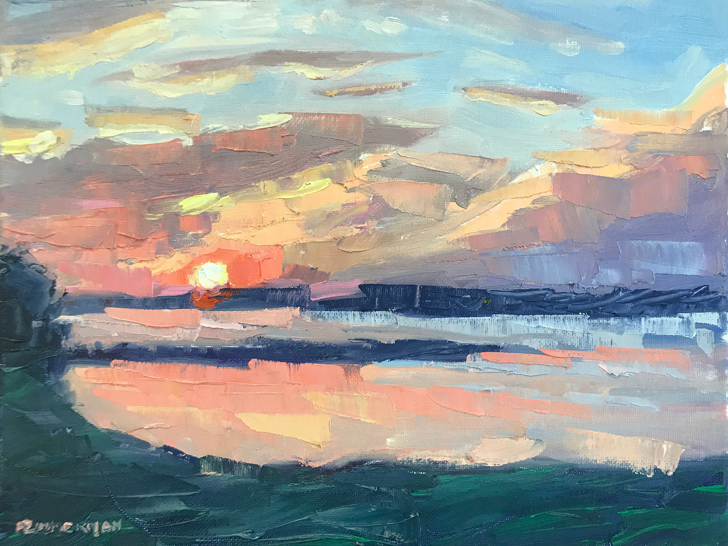 Pink Sunset with Palette Knife 12x9 (2020)