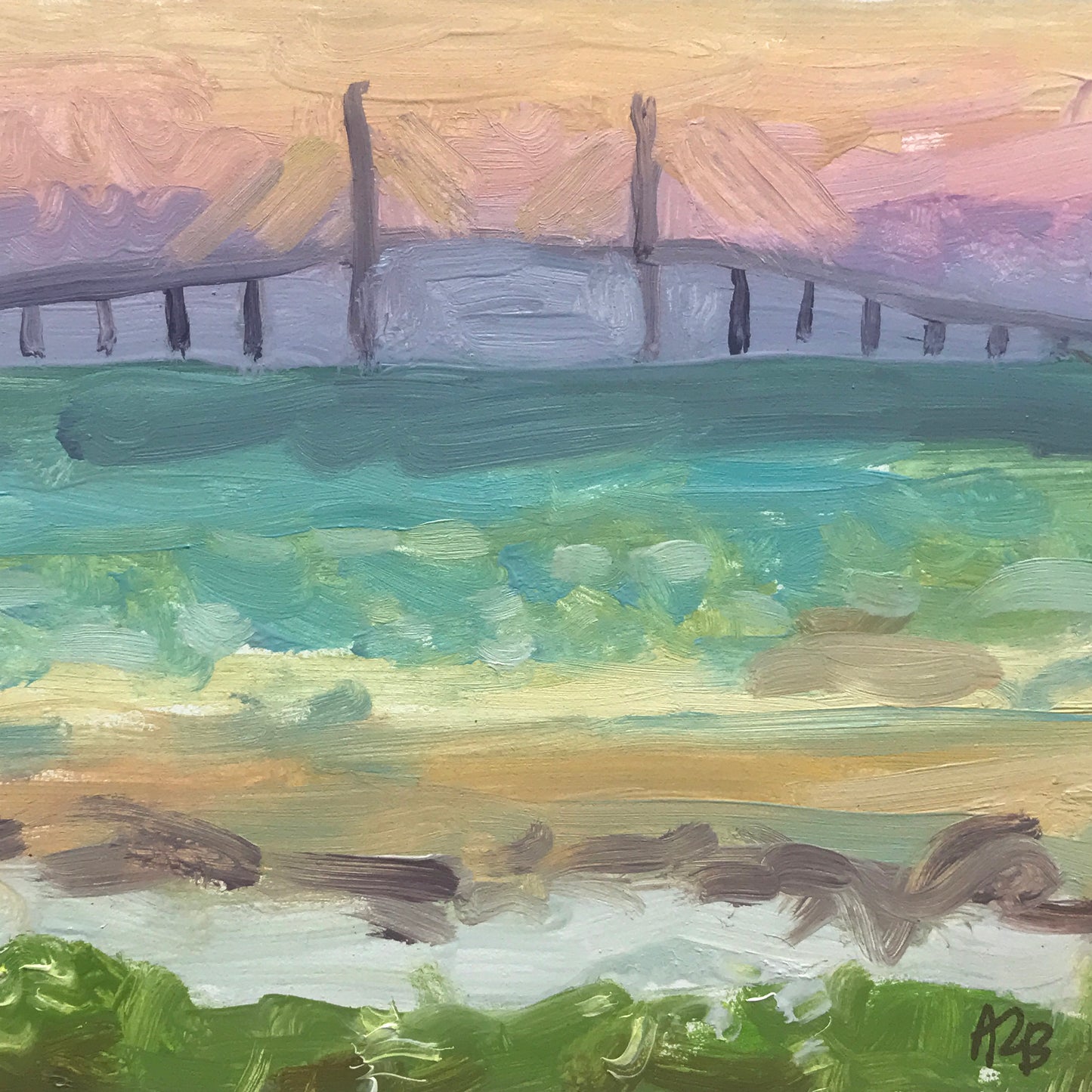The Bridge At Sunset, Framed, Oil on Panel