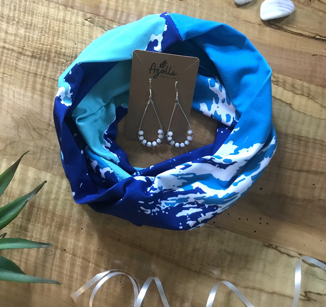 Royal Aqua Mini Infinity Scarf and Mother of Pearl Teardrop Earrings