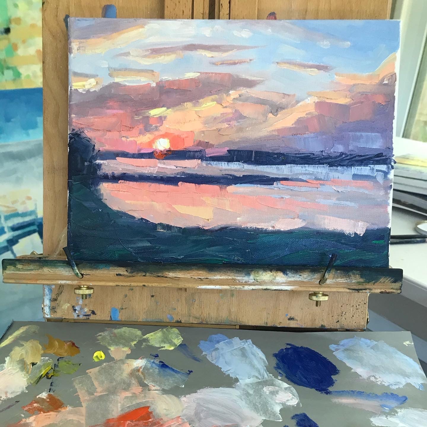 Pink Sunset with Palette Knife 12x9 (2020)