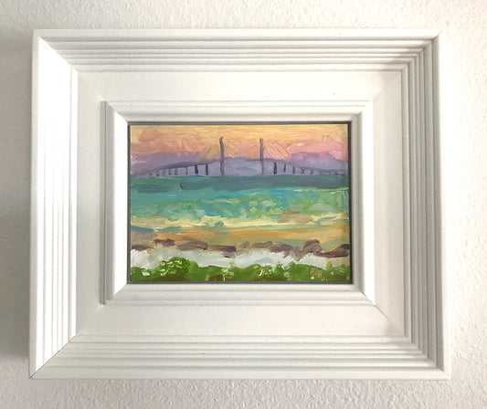 The Bridge At Sunset, Framed, Oil on Panel